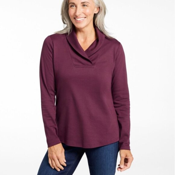 L.L. Bean Pullover Long-Sleeve Shawl Collar Top Dark Cranberry M - Picture 2 of 11